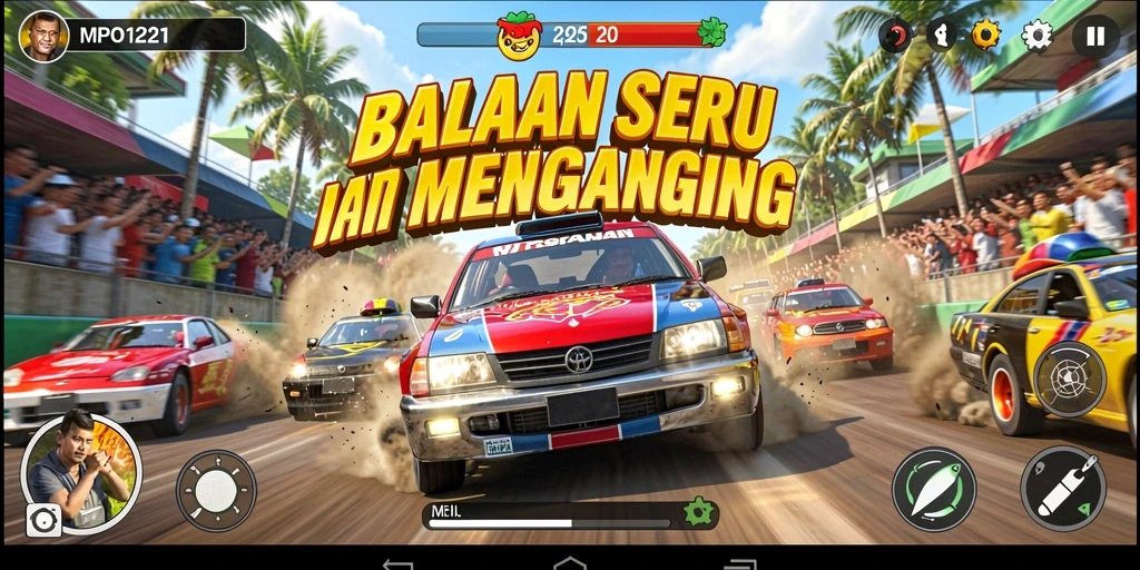 Screenshot gameplay MPO1221 yang menunjukkan balapan menegangkan di lintasan.