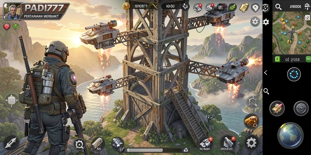Screenshot gameplay PADI777 menampilkan serangan menara yang epik dalam Tower Defense.