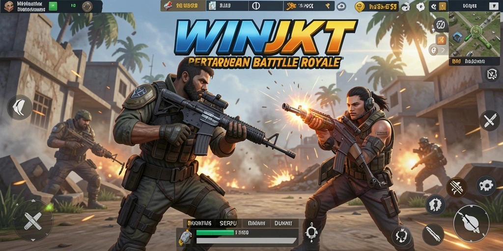 Screenshot WINJKT menampilkan aksi pertarungan intens dalam game Battle Royale.